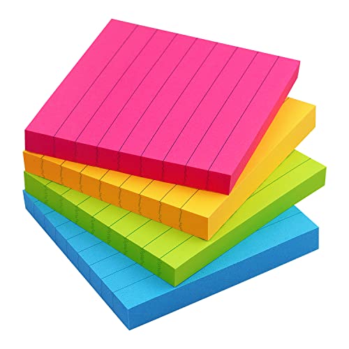 Lined Sticky Notes 3x3 in, Self-Adhesive, Bright, 4 Pads, 90 Sheets/Pad | Lined Surface for Neat and Organized Writing Strong Self-Stick Adhesive, Sticks Securely and Peels Cleanly - color: Bright