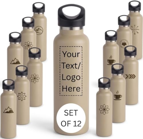 CUSTOM PRINTED 20 oz Vacuum Insulated Water Bottles Set of 12, Personalized Stainless Steel Water Bottle with Logo, Double Wall Copper Lined Insulated Bottle, Leak Resistant Narrow Mouth (Sand) - color: Sand