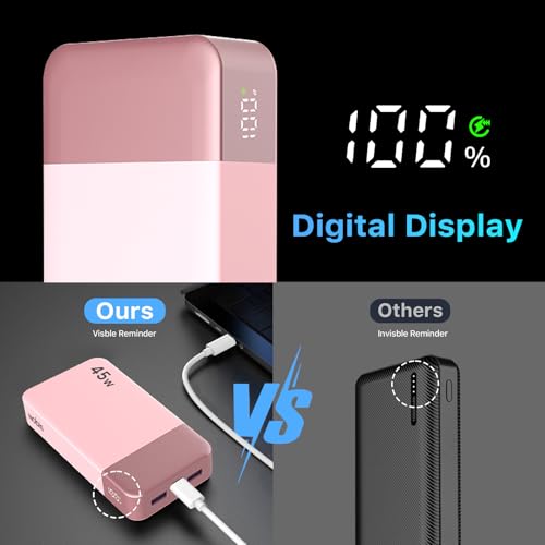 NOBIS Portable Charger, 20000mAh Power Bank, 45W Power Bank Fast Charging, Battery Pack with C to C Cable, Battery Bank with Digital Display for Phone Android Laptop etc (Pink) - color: Pink