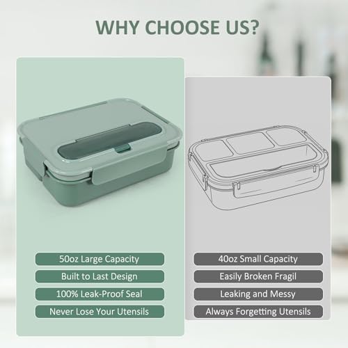 Caperci Bento Box Adult - 50 oz Large Lunch Containers for Adults and Teens, 4-Compartment Bento Lunch Box with Utensils & Leak Proof Sauce Cup, Dishwasher Safe, Durable, BPA-Free (Khaki Green) - color: Khaki Green