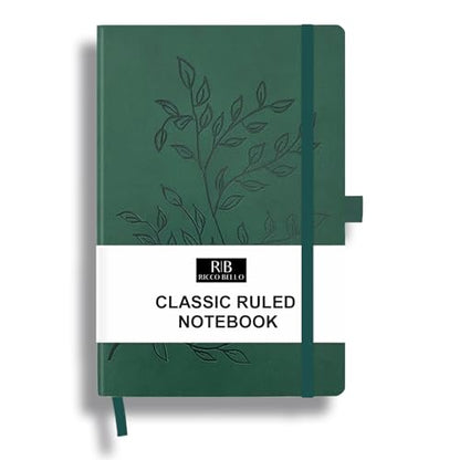 RICCO BELLO Lined Journal Notebook, Green Leaves, 5.7 x 8.4-Inches | Faux Leather Hardcover, College Ruled, 96 Sheets / 192 Pages, Pen Holder, For Work & Notes - color: Green Leaves