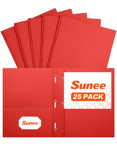 SUNEE 2 Pocket Folders with Prongs (25 Pack, Red), Paper Folders with 2 Pockets and 3 Prongs Fit Letter Size Paper, Folders with Prongs for School Office Home Business - color: Red