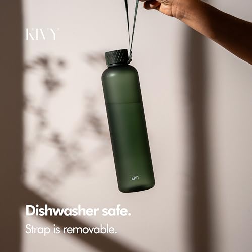 KIVY Slim Water Bottle 32oz Tritan - Lightweight & Shatterproof - BPA-Free | Reusable Tritan Water Bottle with Measurements - Leak Proof Bottle for Women & Men - Dishwasher Safe - Skinny Water Bottle - color: 01 Dark Green, size: 32 Ounces