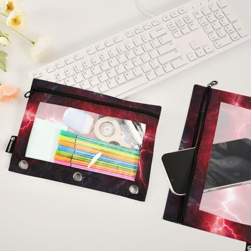 Pencil Pouch for 3 Ring Binder, 2 Pack Red Lightning Binder Pencil Pouch with Clear PVC Window, Zipper Pencil Case Organizer for Office School Supplies