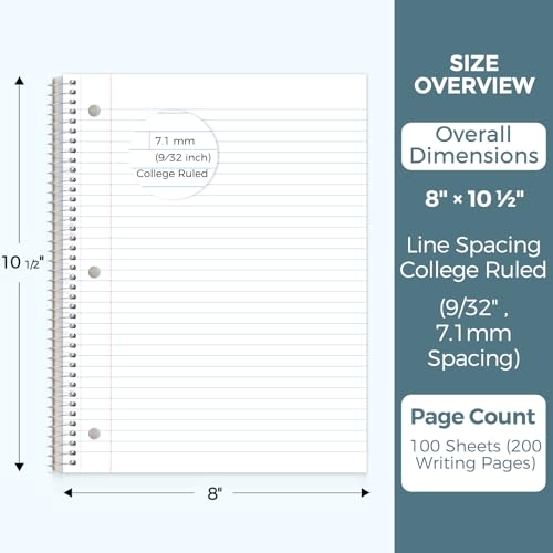 SKYDUE 8"x10.5" Spiral Notebook - College Ruled 100 Sheets, 1 Subject Notebook for School & Office, 3-Hole Punched Paper, Blue - color: Blue