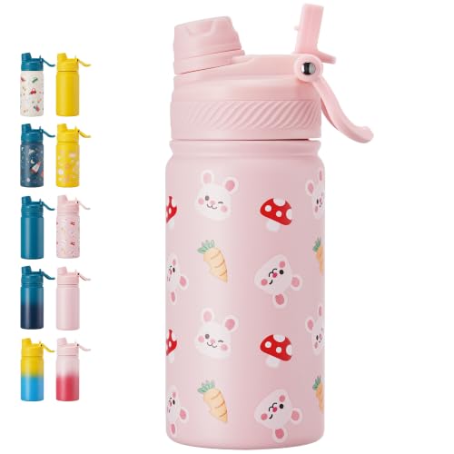 Fijinhom 12 oz Kids Water Bottle, 2-in-1 Stainless Steel Vacuum Insulated Water Bottle for Toddler, Leak Proof Spout & Straw, Double Wall Thermal Flask for Boys&Girls, School, Outdoor, Travel (Rabbit) - color: Rabbit, size: 12 Ounces