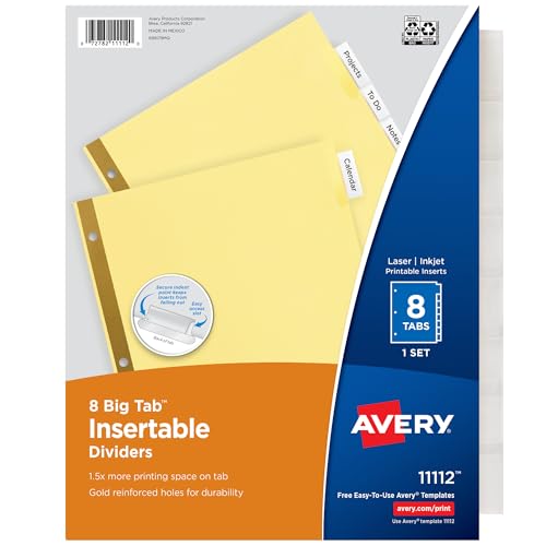 Avery 8-Tab Binder Dividers, Insertable Clear Big Tabs, 1 Set (11112) - style: 1 Set