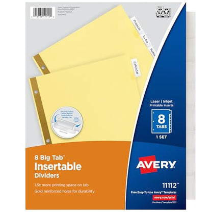 Avery 8-Tab Binder Dividers, Insertable Clear Big Tabs, 1 Set (11112) - style: 1 Set