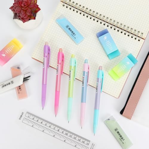 Buqoo Mechanical Pencil Set, 5PCS 0.5mm Cute Pastel Mechanical Pencils, 3 Candy Jelly Gradient Eraser with 80PCS HB 0.5 Lead Refill and Zipper Bag Pencil Kit for Art, Drawing Pencils for Sketching - color: Rainbow