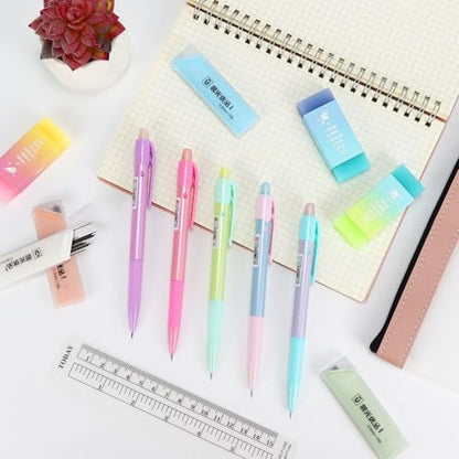 Buqoo Mechanical Pencil Set, 5PCS 0.5mm Cute Pastel Mechanical Pencils, 3 Candy Jelly Gradient Eraser with 80PCS HB 0.5 Lead Refill and Zipper Bag Pencil Kit for Art, Drawing Pencils for Sketching - color: Rainbow