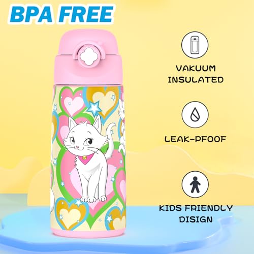 Girls Insulated Water Bottle with Covered Pop-Up Straw,16 oz Kids Cups with Stainless Steel Leak Proof for School Pink（Cat） - color: A14.Cat, style: 1Pack