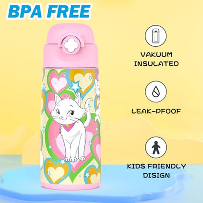 Girls Insulated Water Bottle with Covered Pop-Up Straw,16 oz Kids Cups with Stainless Steel Leak Proof for School Pink（Cat） - color: A14.Cat, style: 1Pack