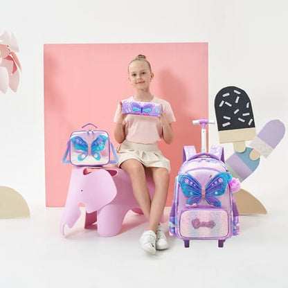 Girls Rolling Backpack with Wheels for Kids 3D Butterfly School Roller Backpack,Carry on Travel Luggage with Lunch Bag and Pencil Case for Girls Ages 5-12 - color: 01 Butterfly
