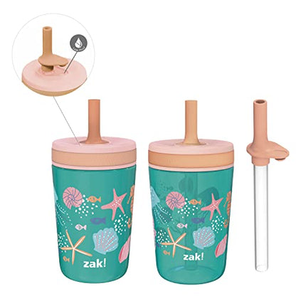 Zak Designs Shells Kelso Tumbler Set, Leak-Proof Screw-On Lid with Straw, Bundle for Kids Includes Plastic and Stainless Steel Cups with Bonus Sipper (3pc Set, Non-BPA) - color: Shells, size: 3 Piece Set (Pack of 1)