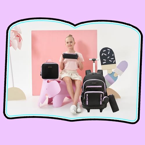 Meetbelify Rolling Backpack for Girls Boys Backpacks with Wheels Kids Carry on Luggage for Girls Boys - color: Girl Black Purple