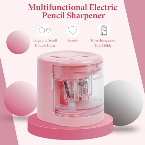 AUAUY Automatic Electric Pencil Sharpener with 2 Hole Sizes, Battery Operated with 4 Knife Holders & Charger, for Standard & Makeup Pencils (Pink) - color: Usb-pink