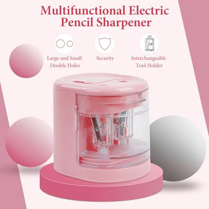AUAUY Automatic Electric Pencil Sharpener with 2 Hole Sizes, Battery Operated with 4 Knife Holders & Charger, for Standard & Makeup Pencils (Pink) - color: Usb-pink