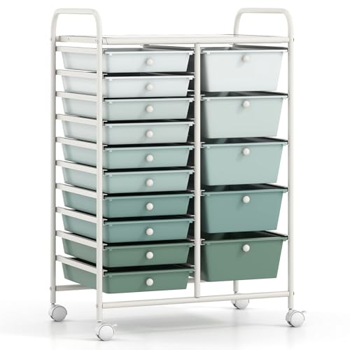 COSTWAY 15 Drawer Rolling Storage Cart, Mobile Utility Cart with Lockable Wheels, Drawers, Multipurpose Organizer Cart for Home, Office, School, Gradient Green - color: Gradient Green