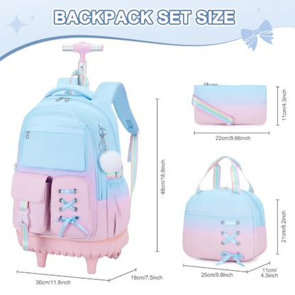 Scothen Rolling Backpack for Girls, Girls Backpack Set with Lunch Box & Pencil Pouch for Teen Girl Kids Children Elementary Middle School, Bookbag Daypack Laptop Travel Backpack with Wheels - color: Blue Purple