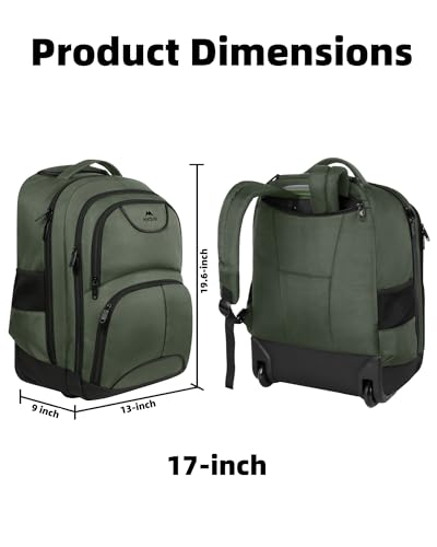 MATEIN Roller Backpack, 17 Inch Travel Laptop Backpacks with Wheels | Backpack with Wheels, 17 inch Laptop Backpack, 36 L Main Compartment, Breathable Adjustable Straps, Rolling Travel Bag - color: Green, size: 17-inch