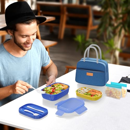 JBGOYON Leakproof Bento Box & Insulated Lunch Bag Set, 4-Piece, Blue | 6-hour thermal retention, includes nested knife fork spoon, 2 reusable snack pouches, designed for adults and kids - color: Blue set