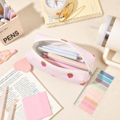 22Pcs Book Annotation Kit Aesthetic Pencil Case with Supplies School Annotation Supplies Gel Pen Transparent Sticky Note Taking Bible Study College Stationery Supplie (Pink Strawberry) - color: Pink Strawberry