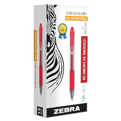 Zebra Pen Sarasa Dry X20 Retractable Gel Pens, 0.7mm Medium Point, Red Ink with Rapid Fast Dry Ink Technology, Ideal for the Left-Handed, Eliminates Smudging and Smearing in Seconds, 12-Pack (46830) - color: Red A
