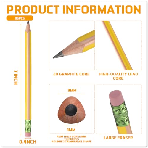 Seajan 96 Pcs Jumbo Pencils, Big, Fat, Thick, Triangular Grip Pencils Refill with Eraser 7 Inch Large Pencil for Kids Beginners Preschoolers Kindergarten School Office Christmas Gifts(Yellow,2b) - color: Yellow, style: 2B