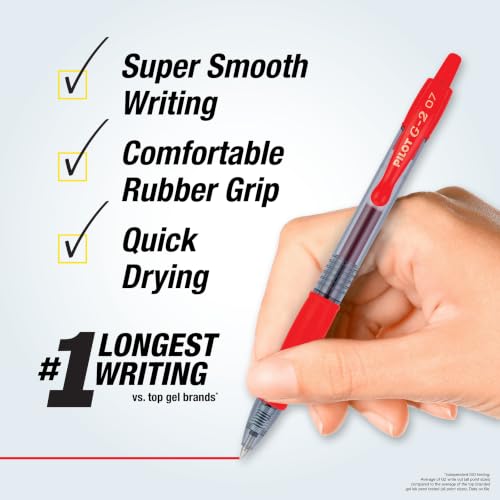 Pilot G2 Premium Gel Roller Pens, Fine Point 0.7 mm, Red Pens, Pack of 12 - Ideal for School, Journaling & Office Writing - color: Red