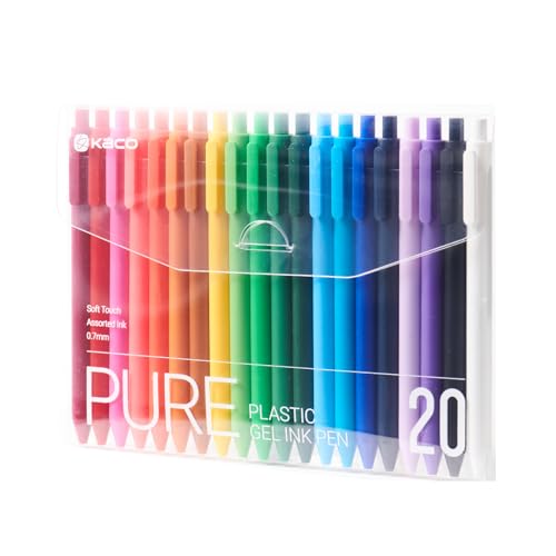 Kaco PURE Gel Pens 20 Pieces 0.7 mm Color Ink Aesthetic Journaling Pens Cute, Retractable, Soft Touch Barrel, Quick Drying (20 Assorted Ink) - color: 20 Multicolor