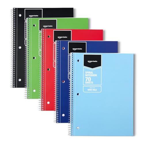 Amazon Basics Wide Ruled Spiral Notebook, For Work and School, 70 Sheets, 8" x 10.5", Assorted Solid Colors, 5 pack - color: Assorted Solid Colors, style: Wide Ruled 5-pack