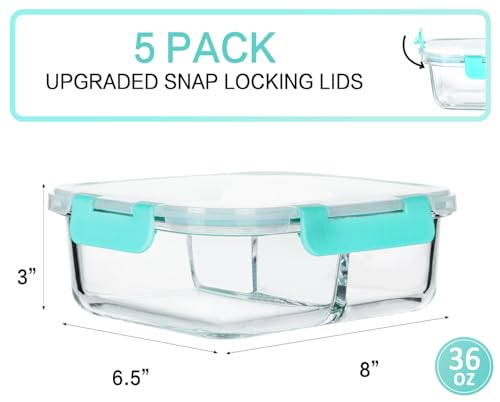 M MCIRCO [5-Pack, 36 oz] Glass Meal Prep Containers 3 Compartment with Lids, Glass Lunch Containers,Food Prep Lunch Box,Bento Box,Microwave, Oven, Freezer, Dishwasher (4.5 Cups, Green) - color: Green