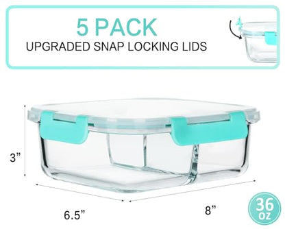 M MCIRCO [5-Pack, 36 oz] Glass Meal Prep Containers 3 Compartment with Lids, Glass Lunch Containers,Food Prep Lunch Box,Bento Box,Microwave, Oven, Freezer, Dishwasher (4.5 Cups, Green) - color: Green