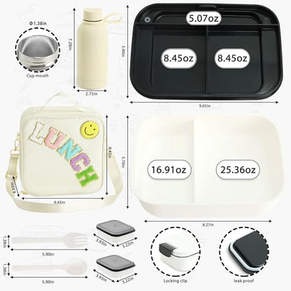 Bento Lunch Box Set for Kids - White Nylon insulated Lunch Bag with 12oz Thermos, Leak-Proof Containers, Adjustable Strap, Birthday Gifts for Girls School Travel Picnic (Ages 3-15) - color: Beige White Set