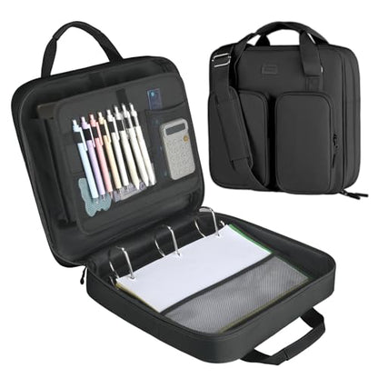 3 Inch Zipper Binder 3 Ring with Sturdy Shoulder Strap & Multi-Pocket, Binder with Zipper Holds Up to 700 Sheets for Office School, Compatible with 13” MacBook Laptop ipad(Black) - color: Black