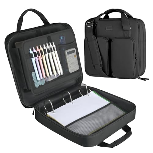 3 Inch Zipper Binder 3 Ring with Sturdy Shoulder Strap & Multi-Pocket, Binder with Zipper Holds Up to 700 Sheets for Office School, Compatible with 13” MacBook Laptop ipad(Black) - color: Black
