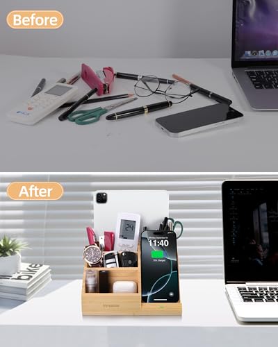 Bamboo Pen Holder with Wireless Charger, Desk Organizer with 5 Compartments for Home Office Supplies Compatible with iPhone & Samsung Series - color: Natural