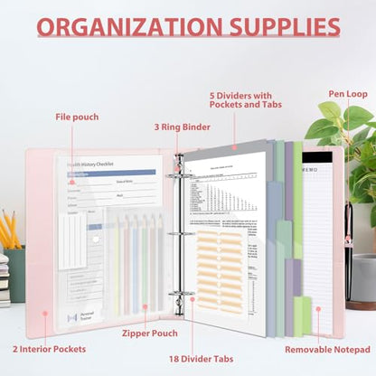 3 Ring Binder with Clipboard,2 Inch Binders with Notepad&5 Dividers with Pockets, Labels,PU Clipboards for School Office(Pink,Letter Size) - color: Pink, size: Letter Size -2 Inch