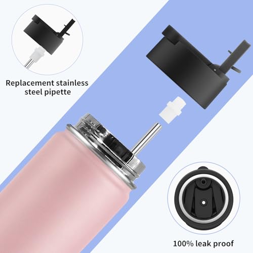 koodee 16 oz Water Bottle Stainless Steel Double Wall Vacuum Insulated Water Bottle Wide Mouth Flask with Leakproof Straw Lid (Light Pink) - color: light-pink-A, size: 16 Ounces