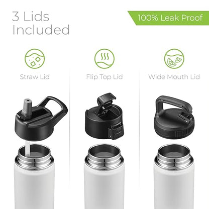 SipX™ 18 oz Insulated Water Bottle with 3 Lids – Leakproof Stainless Steel, Triple Insulated – Cold 24 Hours/Hot 12 Hours – Durable Bottle for School, Gym, Travel – White - color: White, size: 18 Ounces