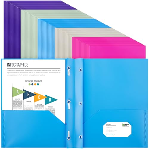 Cholemy 72 Packs Pocket Folders with Prongs Heavy Duty Plastic Folder with Business Card Slot 3 Prong Fasteners for School Office (Soft) - color: Soft