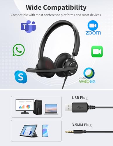 Wired Headphones with Microphone for PC, On-Ear Computer Laptop USB Headset with Noise Cancelling Microphone in-line Control for Home Office Online Class Skype Zoom, (3.5mm + USB)