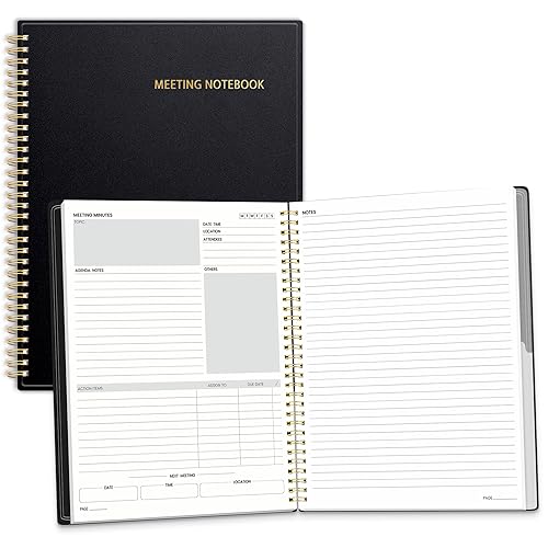 SUNEE Half Meeting Half Note - 8.5"x11" Professional Notebooks for Work - 160 Pages, A4 Size Project Planner, Spiral Meeting Agenda/Minutes Organizer for Women Men, Note Taking, Office & Business - color: Black, size: A4 8.5"x11"