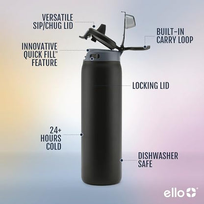 Ello Pop & Fill Insulated Stainless Steel Water Bottle with Quick Fill Lid, Leakproof Locking, Sip or Chug Spout, BPA-Free, Double Wall Vacuum Insulated for Sports, Travel & School- 22oz / 32oz / 40oz - color: Tonal Black, style: 32oz
