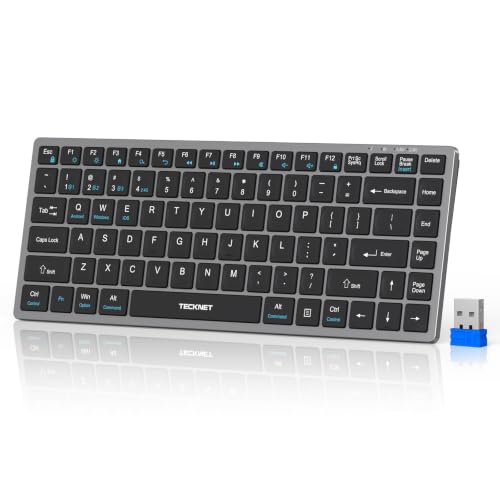 TECKNET Bluetooth Keyboard Rechargeable, 4-Device (2.4G+3BT) Small Keyboard | Wireless Keyboard, Ultra-Slim Quiet Typing, 14 Hotkeys Computer Keyboard for PC/Laptop/Tablet/iPad, Grayish-black - color: Grey+Sliver