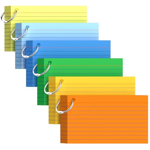 300 Count Colored Index Cards with Ring, 6 Colors Flash Cards with Rings, Punched NoteCards 3x5 Lined, Bright Colors Index Cards 3x5, Lined Note Cards 3 x 5 for Office, College, and School Supplies - color: Multicolors, size: 3x5 INCH - 300 Count
