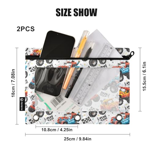 Binder Pencil Pouches Cartoon Monster Truck Pattern Pen Case | Clear Window 3 Rings, Cosmetic Bags School Office Supplies Cosmetic Makeup Bag 2 Psc - color: Monster Truck