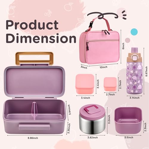 MAISON HUIS Bento Box for Kids with 8oz Soup Thermo, Insulated Lunch Bag & 17oz Water Bottle, 2-Compartment Bento Box with Built-In Ice Pack, Leak-Proof & BPA-Free - color: Pink2