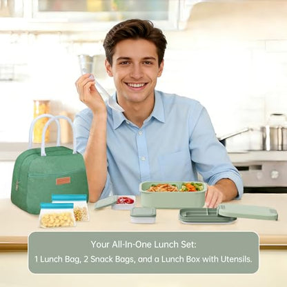 JBGOYON 4-in-1 Bento Box and Insulated Lunch Bag Set, Green | 6-hour insulation, 7.5 L lunch bag, leakproof 1.9 L container with 2 sauce cups, fork and spoon, 2 snack bags, BPA-fre - color: Green