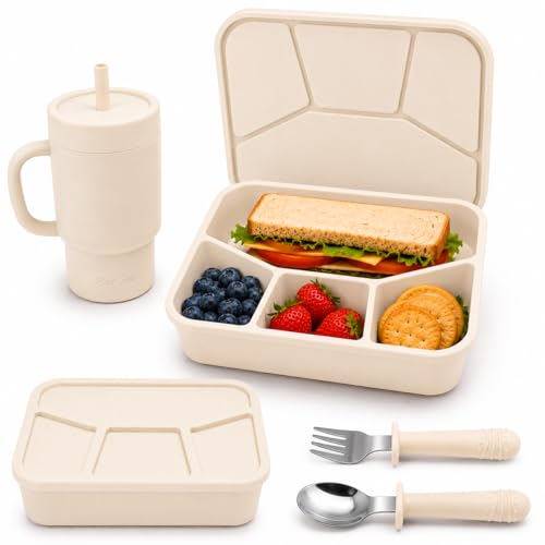 4-Piece Silicone Bento Lunch Box Set for Kids – Stainless Steel Water Cup, Spoon & Fork Included, BPA Free, Dishwasher Safe, Reusable Lunch Container - color: Cream
